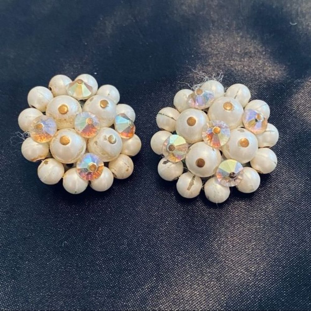 Vintage 50s Faux Pearl and Crystal Earrings